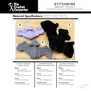 May include: Crocheted bat patterns in lavender, gray, and black, with detailed material specifications. The image includes the text "STITCHKINS SWOOP THE BAT OCTOBER 2025 ALL RIGHTS RESERVED". Finished sizes range from 4 to 8 inches.