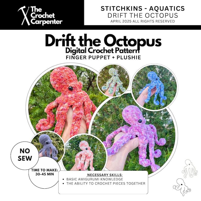 May include: Digital crochet pattern for a Drift the Octopus finger puppet and plushie. The image shows several crocheted octopuses in various colors, including red, blue, and purple. The pattern requires basic amigurumi knowledge and takes 30-45 minutes to make.