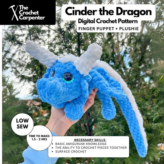Crochet Dragon Finger Puppet Pattern: Cinder Plushie (Digital Download)