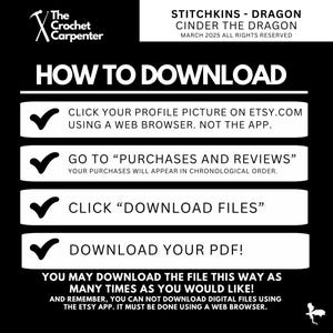May include: A black and white graphic with a checklist of instructions on how to download a digital file from Etsy.com. The text reads "HOW TO DOWNLOAD" and includes the following steps: "Click your profile picture on Etsy.com using a web browser. Not the app." "Go to "Purchases and Reviews" Your purchases will appear in chronological order." "Click "Download Files" "Download your PDF!" "You may download the file this way as many times as you would like!" and "And remember, you can not download digital files using the Etsy app. It must be done using a web browser."