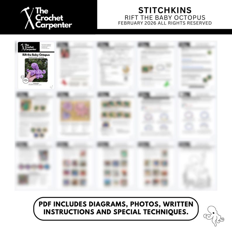 May include: A digital crochet pattern by The Crochet Carpenter, titled "Rift the Baby Octopus." The pattern includes diagrams, photos, written instructions, and special techniques. The image shows a booklet with a photo of a purple octopus.