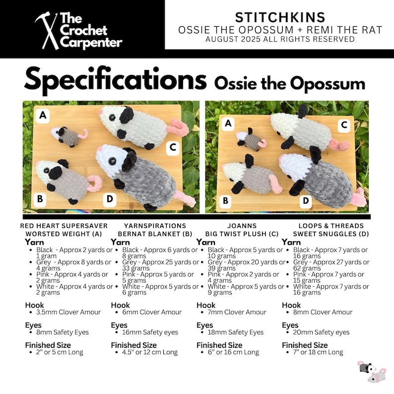 May include: A detailed product specification sheet for crocheted opossums. The sheet includes yarn types, hook sizes, eye sizes, and finished sizes in inches and centimeters. The opossums are in various colors, including black, grey, pink, and white.