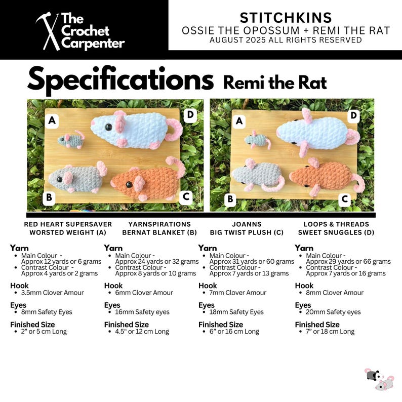May include: A detailed guide for crocheting Remi the Rat, featuring four different yarn options. The image displays finished crochet rats in various colors, with specifications for yarn, hook size, and eye size. Finished sizes range from 2 to 7 inches.