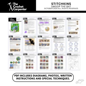 May include: A collection of crochet patterns from The Crochet Carpenter, including "Swoop the Bat." The image features a variety of instructional pages with diagrams and photos. Text on the image reads "PDF includes diagrams, photos, written instructions and special techniques."