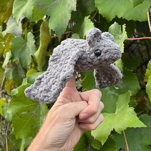 May include: A gray crocheted bat with black eyes and outstretched wings. The bat is held up against a backdrop of green leaves. The bat's wings are spread wide, and its body is made of a soft, textured yarn.