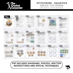 K&ouml;nnte beinhalten: Eine Sammlung von H&auml;kelmustern f&uuml;r einen Hai, mit dem Titel "Bruce the Shark" von Stitchkins. Das Bild enth&auml;lt ein Titelfoto des fertigen Hais und mehrere Seiten mit Anweisungen. Der Text auf dem Bild lautet "PDF enth&auml;lt Diagramme, Fotos, schriftliche Anweisungen und spezielle Techniken."