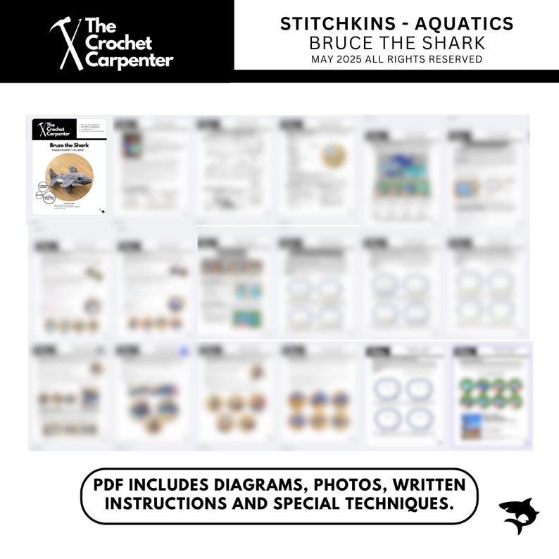 K&ouml;nnte beinhalten: Eine Sammlung von H&auml;kelmustern f&uuml;r einen Hai, mit dem Titel "Bruce the Shark" von Stitchkins. Das Bild enth&auml;lt ein Titelfoto des fertigen Hais und mehrere Seiten mit Anweisungen. Der Text auf dem Bild lautet "PDF enth&auml;lt Diagramme, Fotos, schriftliche Anweisungen und spezielle Techniken."