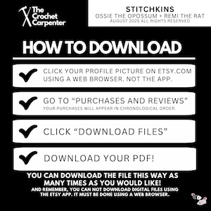 May include: Black and white graphic with instructions on how to download a PDF file from Etsy. The text includes steps like clicking on your profile picture, going to purchases and reviews, and clicking download files.