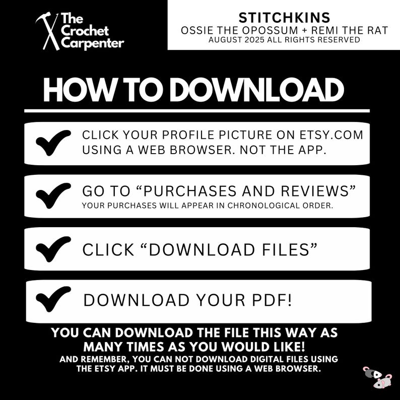 May include: Black and white graphic with instructions on how to download a PDF file from Etsy. The text includes steps like clicking on your profile picture, going to purchases and reviews, and clicking download files.