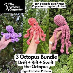 Può includere: Tre polpi all'uncinetto nei colori viola, rosa e arancione variegato, e rosa tinta unita. Il testo recita: The Crochet Carpenter, I can be made as a Finger Puppet or a regular plushie!, 3 Octopus Bundle, Drift + Rift + Swift the Octopus.