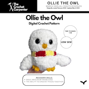 Peut inclure: Un hibou en amigurumi crocheté blanc avec une écharpe rouge et jaune. Le hibou a des yeux noirs et un bec jaune. L'image comprend le texte "Ollie the Owl" et "Digital Crochet Pattern".
