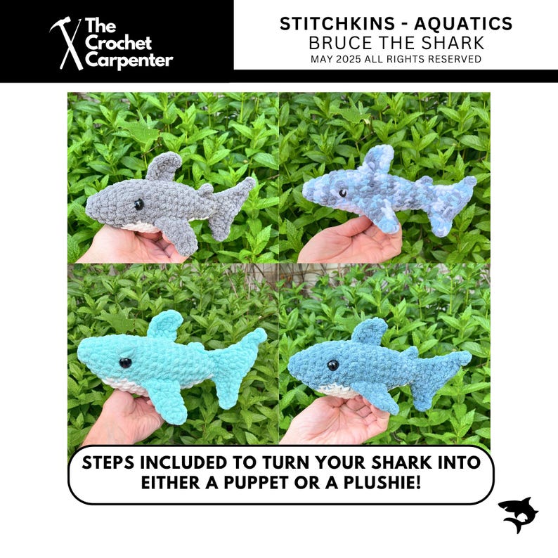 K&ouml;nnte beinhalten: Vier geh&auml;kelte Hai-Spielzeuge in Grau- und Blaut&ouml;nen werden vor einem gr&uuml;nen Hintergrund mit Bl&auml;ttern gezeigt. Der Text "STITCHKINS - AQUATICS BRUCE THE SHARK" ist oben. Der Text "STEPS INCLUDED TO TURN YOUR SHARK INTO EITHER A PUPPET OR A PLUSHIE!" ist ebenfalls enthalten.