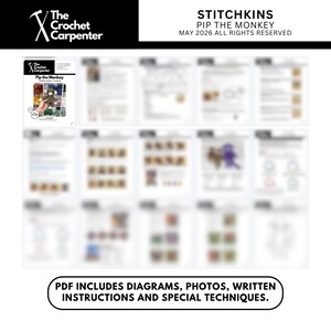 K&ouml;nnte beinhalten: Eine Sammlung von H&auml;kelanleitungen, darunter ein Heft mit dem Titel "Pip the Monkey" von The Crochet Carpenter. Das Bild zeigt Diagramme, Fotos, schriftliche Anweisungen und spezielle Techniken. Der Text "PDF INCLUDES DIAGRAMS, PHOTOS, WRITTEN INSTRUCTIONS AND SPECIAL TECHNIQUES" ist ebenfalls sichtbar.