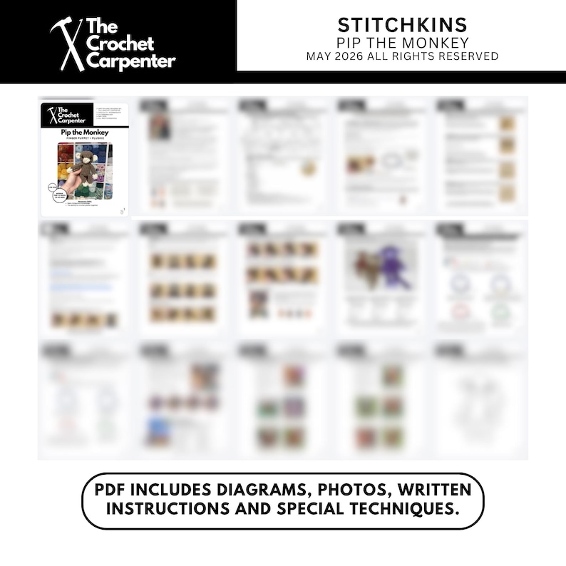 K&ouml;nnte beinhalten: Eine Sammlung von H&auml;kelanleitungen, darunter ein Heft mit dem Titel "Pip the Monkey" von The Crochet Carpenter. Das Bild zeigt Diagramme, Fotos, schriftliche Anweisungen und spezielle Techniken. Der Text "PDF INCLUDES DIAGRAMS, PHOTOS, WRITTEN INSTRUCTIONS AND SPECIAL TECHNIQUES" ist ebenfalls sichtbar.