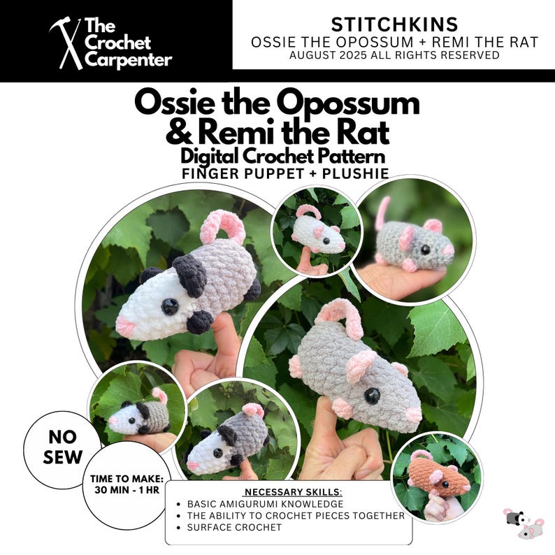 May include: Digital crochet pattern for Ossie the Opossum and Remi the Rat finger puppets and plushies. The image shows several crocheted plushies in various poses. The puppets are gray, white, and black with pink accents. The text says "No Sew" and "Time to Make: 30 min - 1 hr."