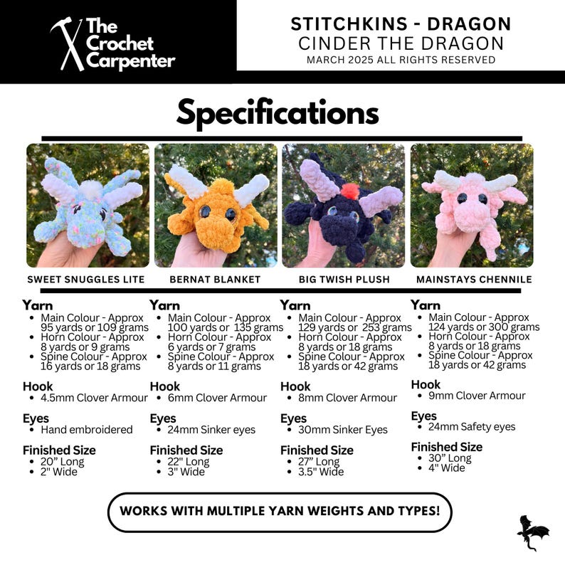May include: A crochet pattern for a dragon amigurumi toy. The pattern is available in four different yarn weights: Sweet Snuggles Lite, Bernat Blanket, Big Twish Plush, and Mainstays Chenille. The pattern includes instructions for the yarn, hook size, and finished size of the dragon.