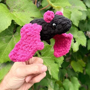 May include: A handmade crochet frog in black and hot pink. The frog has a black body, pink feet, and pink accents on its head. The frog is held in front of a background of green leaves.