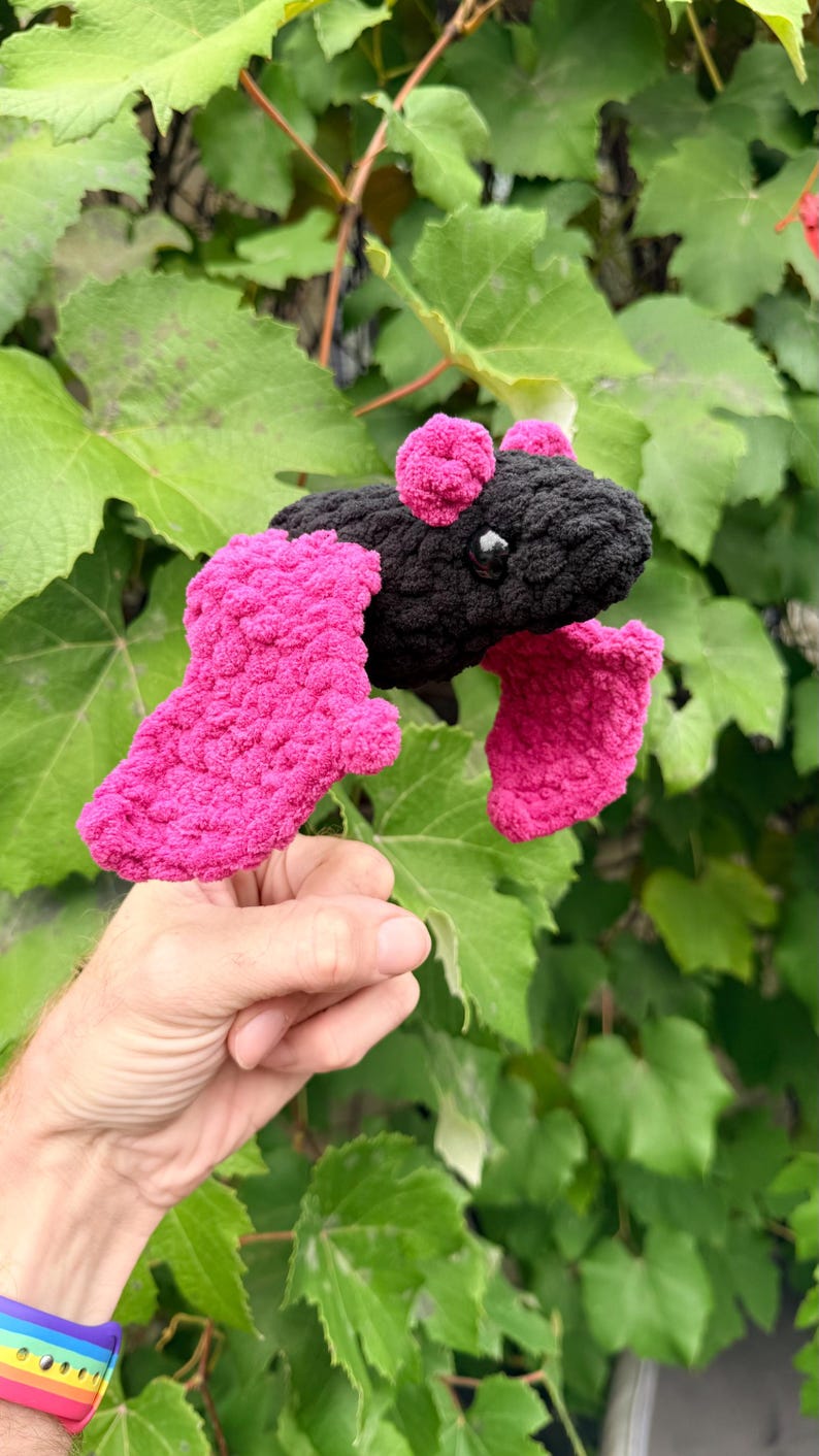 May include: A handmade crochet frog in black and hot pink. The frog has a black body, pink feet, and pink accents on its head. The frog is held in front of a background of green leaves.