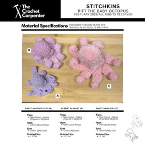 May include: Three crocheted octopus toys in shades of pink and purple are displayed on a wooden surface. The toys vary in size, with the largest measuring 5 inches tall. The image includes text detailing yarn, hook, eye, and size specifications.