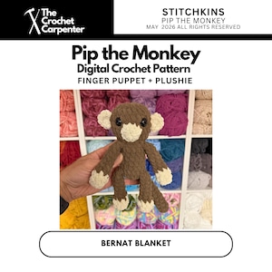 K&ouml;nnte beinhalten: Ein digitales H&auml;kelmuster f&uuml;r einen Affen, der als Fingerpuppe und Pl&uuml;schtier gestaltet ist. Der Affe ist braun und cremefarben, mit einem strukturierten K&ouml;rper, cremefarbenen Ohren, H&auml;nden und F&uuml;&szlig;en sowie schwarzen Augen. Der Text "Pip the Monkey" ist sichtbar.