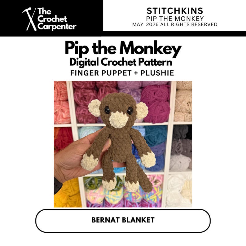 K&ouml;nnte beinhalten: Ein digitales H&auml;kelmuster f&uuml;r einen Affen, der als Fingerpuppe und Pl&uuml;schtier gestaltet ist. Der Affe ist braun und cremefarben, mit einem strukturierten K&ouml;rper, cremefarbenen Ohren, H&auml;nden und F&uuml;&szlig;en sowie schwarzen Augen. Der Text "Pip the Monkey" ist sichtbar.