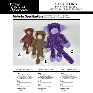 K&ouml;nnte beinhalten: Drei geh&auml;kelte Affen-Pl&uuml;schtiere in Braun, Beige und Lila. Die Pl&uuml;schtiere haben wei&szlig;e Gesichter, Ohren und H&auml;nde. Das Bild enth&auml;lt Materialangaben f&uuml;r jeden Affen, mit einer Gr&ouml;&szlig;e von 12.7 bis 22.9 cm.