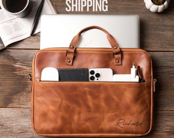 Personalized Leather Work and Travel Laptop Bag: Messenger Crossbody Bag, Laptop Case, MacBook Sleeve, Graduation or New Job Gift