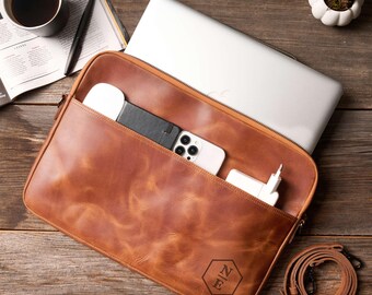 Personalized Leather Travel Laptop Case: Crossbody Messenger Work Bag, Macbook Air Sleeve, Handmade Computer Bag