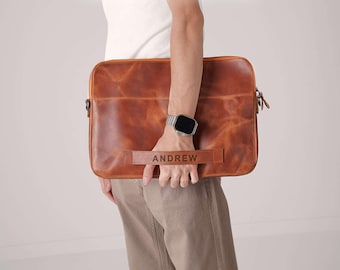 Custom Handmade Leather Laptop Bag: Cross Body Work Bag, Macbook Pro Air Case, Laptop Sleeve Case