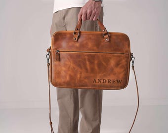 Handmade Work Laptop Bag:  Personalized Leather Laptop Case, Macbook Sleeve, Gifts for Him, Dad or Husband