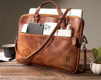 Handmade Leather Laptop Case: Womens Laptop Bag Cross Body, Macbook Sleeve, Work Bag, Corporate Employee Gift