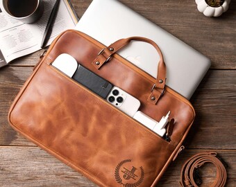 Personalized 13 - 15 Inches Macbook Sleeve: Leather Laptop Bag for Boyfriend, Work Bag Gift for Husband