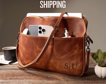 Personalized Womens Leather Laptop Bag: Travel Shoulder Macbook Case, Work Bag for Wife, Mom or Girlfriend