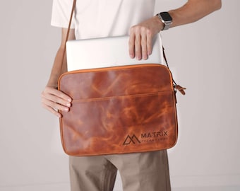 Company Logo Laptop Bag for Employees: Personalized Leather Crossbody Macbook Case, Work Bag For Coworker or Boss