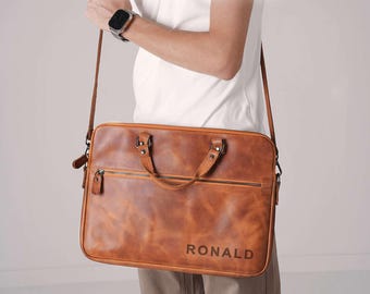 Personalized Leather Crossbody Messenger Laptop Bag: Macbook Air Case, Handmade Travel Work Bag, Laptop Sleeve