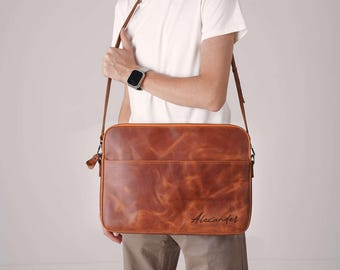 Personalized Leather Crossbody Macbook Case: Company Logo Corporate Work Bag, Congratulations Gift for Employee or Boss