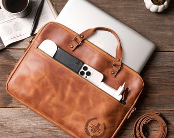 Personalized Mens Leather Laptop Bag: Handmade Laptop Case for MacBook Air and Pro, Crossbody Work Bag for Husband, Dad or Boyfriend