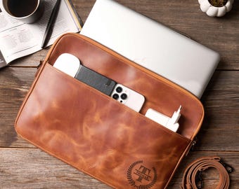 Leather Laptop Bag and Macbook Sleeve: Handmade Work Bag, Leather Laptop Case, Fathers Day or Birthday Gift for Dad Husband