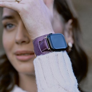 Personalized Purple Leather Apple Watch Band: Custom iWatch Strap Cuff