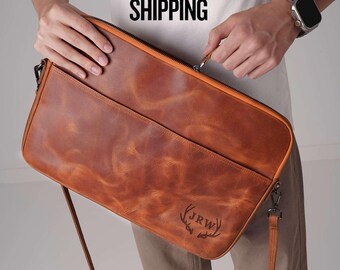 Handmade MacBook Sleeve: Leather Laptop Bag, Crossbody Messenger Bag, Custom Work Travel Bag for Boyfriend