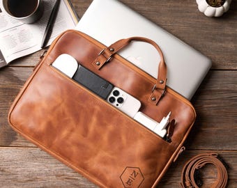 Slim Crossbody Work Laptop Bag for Men and Women: Leather Laptop Sleeve, MacBook Pro and Air Case, Travel Messenger Bag