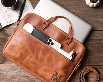 Mens Leather Laptop Bag: Macbook Air and Pro Sleeve, Crossbody Work Bag for Boyfriend, Shoulder Laptop Case