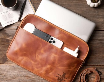 Personalized Italian Leather Laptop Bag Crossbody: Shoulder Work Bag for Husband, Macbook Case for Boyfriend or Husband