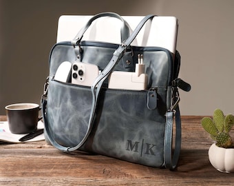 Office Work Bag for Women: Leather Laptop Bag, Personalized Crossbody Bag, Slim Shoulder Macbook Sleeve