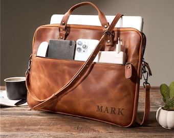 Engraved Leather Laptop Bag: Personalized Graduation Gift For Him, Crossbody Bag College Phd 2026 graduation Gifts