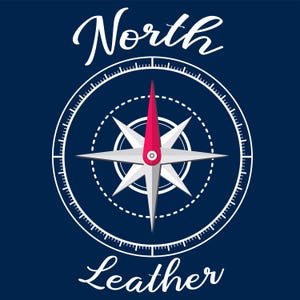 May include: A compass with a red needle pointing north, surrounded by a white circle with a white compass rose and the words "North Leather" in white text.