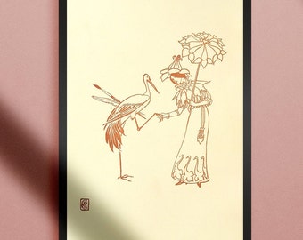 Original illustration art postcard printing on paper wall art Play for success Illustrated STORK poster poster print Violin Music