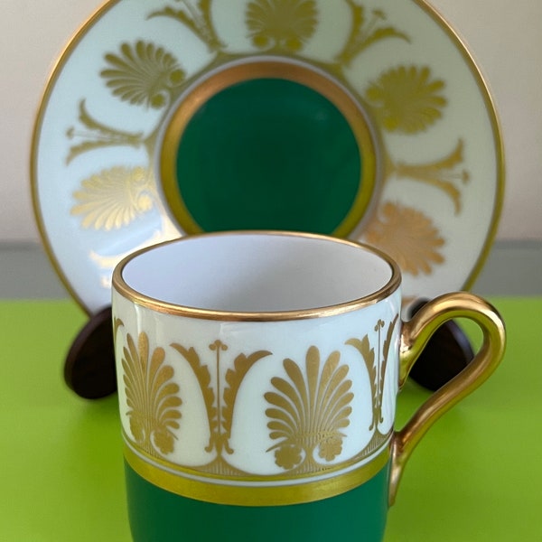 Richard Ginori Demitasse Espresso Cup & Saucer in Pompei Green and Gold Discontinued Pattern Holds 2oz Circa 1966 - 1997