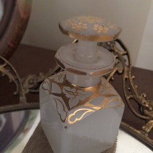 Antique Milk White Opaline Glass Gold Gilt Perfume Cologne Dresser Bottle with Stopper Unsigned Likely 19th Century French