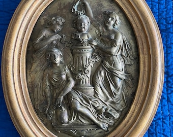 Vintage Neoclassical Bronze Wall Plaque, Framed Oval Décor
